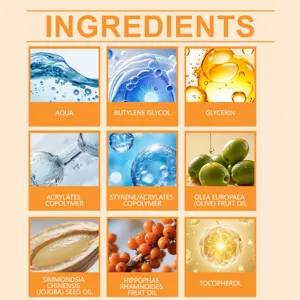 Cosmetic ingredient detail view showing active formula components and botanical extract oils.
