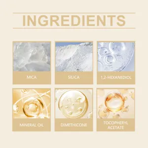 Gilded makeup palette detail view showing cosmetic ingredients like mica, silica, and mineral oil.