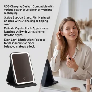 Miroir de maquillage LED rechargeable USB portable avec support stable en noir cristal
