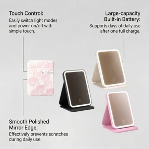 Miroir de maquillage pliable à LED avec commande tactile et longue batterie rechargeable