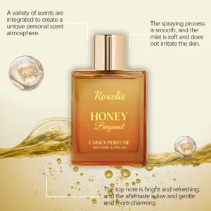Detailansicht von Roxelis Honey Bergamot Unisex Parfüm 50ml Flasche mit Flüssigkeitsspritzern