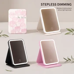 Miroir de maquillage LED pliable portable avec gradation continue et étui floral en PU