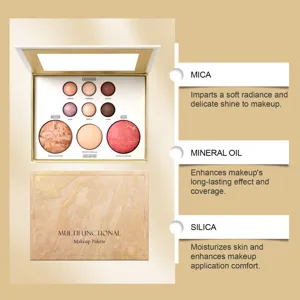 Multifunctional makeup palette with eyeshadow, blush, bronzer, and highlighter for versatile looks.