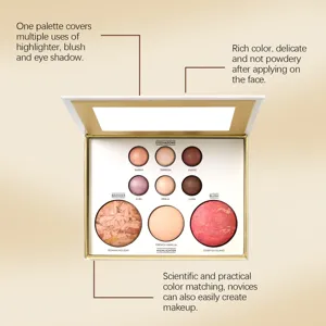 Detail view of multi-use makeup palette featuring eyeshadow, blush, bronzer, and highlighter.