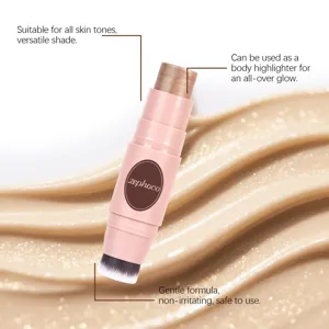 Detailed view of zephoco double-ended champagne gold highlighter stick and applicator brush
