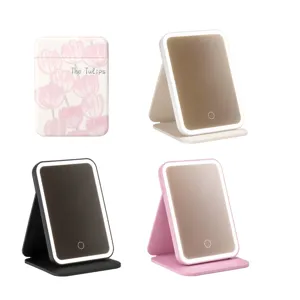 Miroir de maquillage pliable LED portable avec housse en cuir PU en trois couleurs