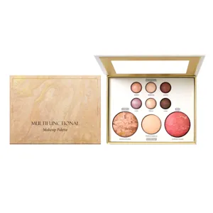 Multifunctional makeup palette with eyeshadow, bronzer, highlighter, and blush for versatile looks.