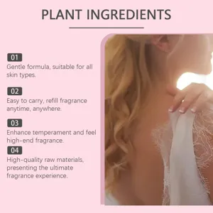 Plant ingredients perfume detail view, gentle formula, portable travel size, long lasting scent.