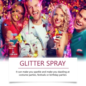 Vibrant party scene showing people celebrating and sparkling with body glitter spray