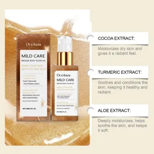 Detail showing OceAura bronze body glow oil features with cocoa and aloe extracts.