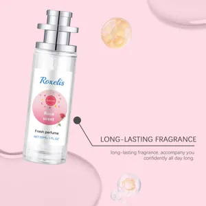 Detailed view of the rose scent perfume bottle showcasing its clear glass and elegant pink label.
