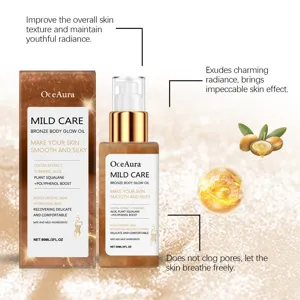Detail view of OceAura bronze body glow oil benefits for smooth, radiant and silky skin texture.