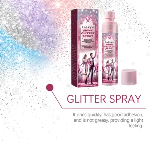 Close-up of EelHope shiny glitter spray bottle and packaging box in glitter background