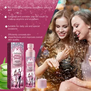 Detail showing EelHope shiny glitter spray with usage scenario for hair and body