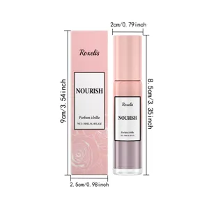 Detaillierte Maße des 10ml Roll-on-Parfüms in eleganter rosa Rosenverpackung