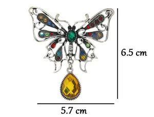 Dimension detail of vintage butterfly brooch with rhinestones and yellow pendant