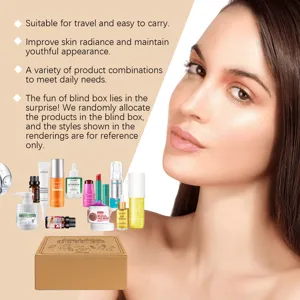 Detail view of mystery beauty gift box, skincare and makeup assortment for radiant skin.