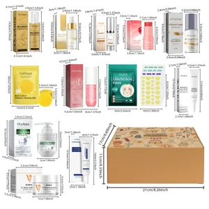 Detailansicht des Hautpflege-Geschenkesets mit verschiedenen Seren, Cremes und Maßen.