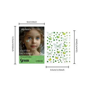 Autocollants visage papillon diamant paillettes vert cristal ensemble de 2 pièces