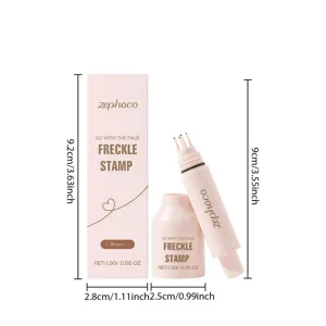 Detail view showing ZEPHOCO freckle stamp dimensions and minimalist pink packaging
