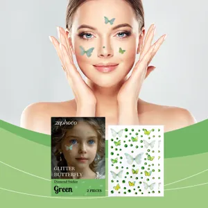 Autocollants visage papillon vert strass vue détail, gemmes maquillage scintillantes fête.