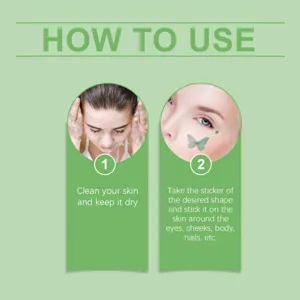 Guide étape par étape illustrant l'application des autocollants papillon verts pour le visage.