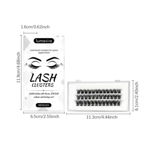 Lumavire glue-free individual lash clusters set with packaging and product dimensions