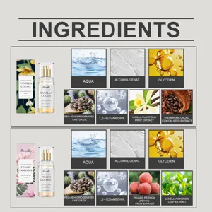 Spray parfum cheveux nourrissant les cheveux secs avec arôme vanille cacao et pêche.