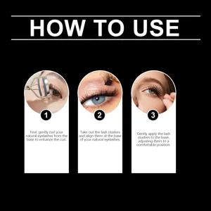 Three-step professional tutorial guide on how to apply glue-free lash clusters naturally