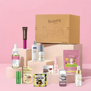 Skincare gift set detail view featuring various beauty serums, cleansing pads, and cosmetic balms.