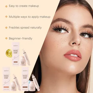 Detailed view of ZEPHOCO freckle stamp shades and natural makeup effect on model's face