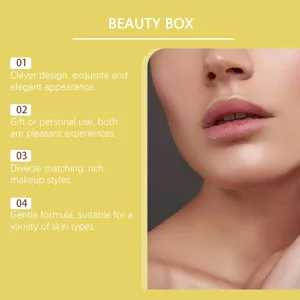Beauty gift box detail showing delicate lip makeup closeup and gentle formula features.