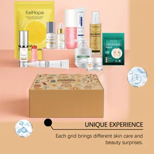 Geheimnisvolle Beauty-Box mit Gesichtsseren, feuchtigkeitsspendenden Cremes und Hautpflege.