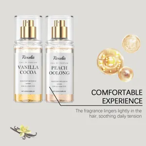 Detail du spray capillaire parfum de vanille cacao et peche oolong avec texture serum nourrissante.