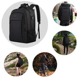 Mochila negra de negocios para portátil con puerto USB en escenas de estilo de vida