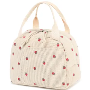 Insulated Lunch Bag Corduroy Large Capacity Portable Thermal Tote Strawberry Print Checkered Pattern Picnic Cooler Bag Women Handbag