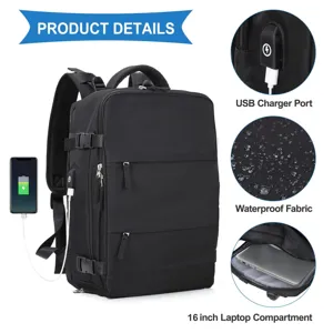 Detail view of black travel backpack with USB port and waterproof fabric features
