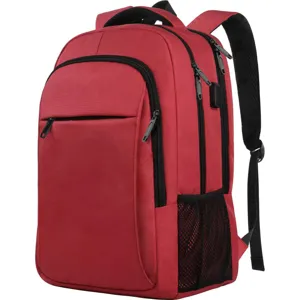 Vista detallada de la mochila roja para portátil de negocios con puerto USB externo
