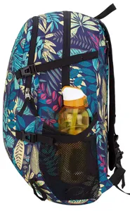 Close-up detail of a 40L tropical print hiking backpack side mesh pocket with a bottle