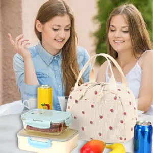 Corduroy strawberry pattern lunch bag for women, large capacity insulated picnic cooler