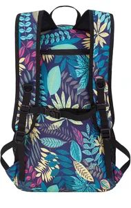 Back view of a 40L outdoor backpack featuring colorful tropical leaf patterns and chest strap