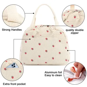 Detail view of corduroy strawberry lunch bag showing handles, zipper, and foil lining