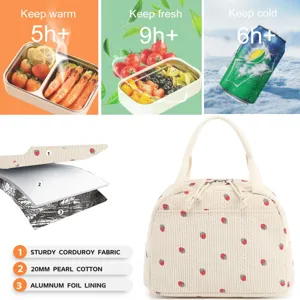 Detailed view of strawberry corduroy lunch bag with 3-layer thermal insulation structure