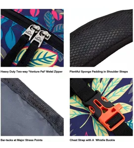 Close-up details of 40L hiking backpack featuring metal zippers and padded straps.
