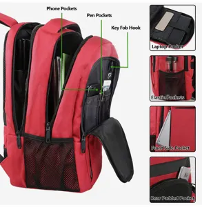 Características del diseño de mochila roja para portátil con múltiples bolsillos