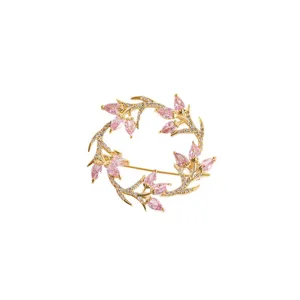 Elegant gold leaf wreath brooch with sparkling pink zircon flowers for women