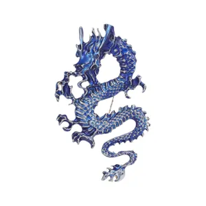 Broche de dragón chino vintage en esmalte 3D con elegante degradado azul para abrigos