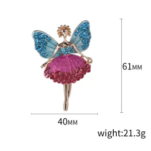 Exquisite ballerina fairy brooch with blue wings and pink rhinestone dress for coat.