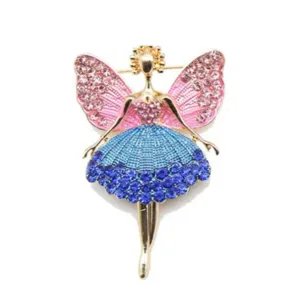 Elegant ballet girl fairy brooch with pink wings, gold finish and blue rhinestone skirt