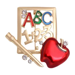 Creative Teacher's Day apple brooch with ABC alphabet, pencil, and 1+2=3 math themed charms